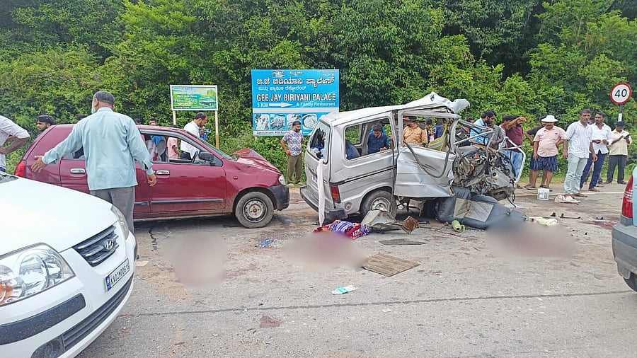<div class="paragraphs"><p>Mangled remains of the van which met with an accident at Banakal in Mudigere taluk of Chikkamagaluru district.</p></div>