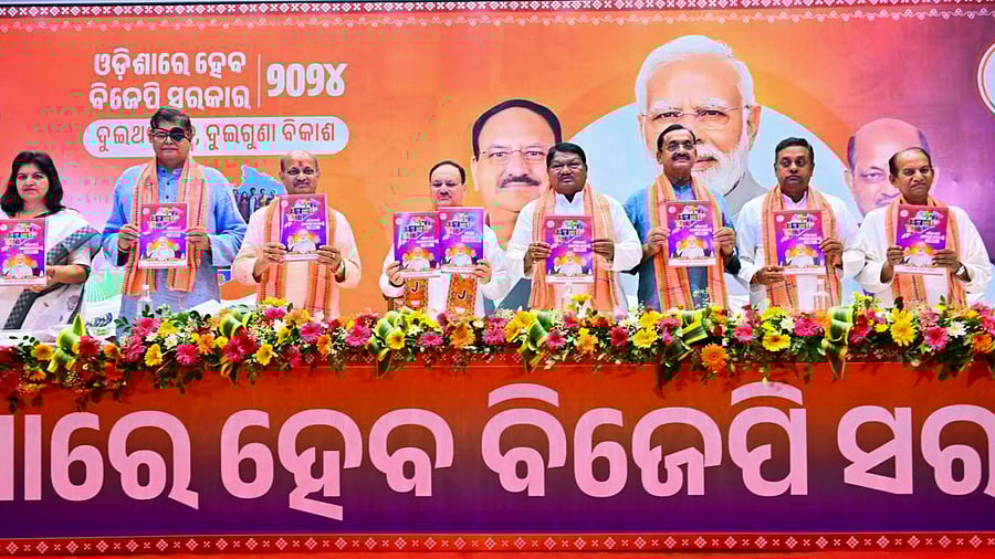 <div class="paragraphs"><p>BJP National President JP Nadda with senior BJP leaders releases party's manifesto (Sankalpa Patra) for Odisha Assembly elections, in Bhubaneswar, on Sunday.</p></div>
