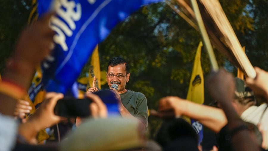 <div class="paragraphs"><p>Delhi Chief Minister Arvind Kejriwal addresses supporters outside Tihar Jail. </p></div>