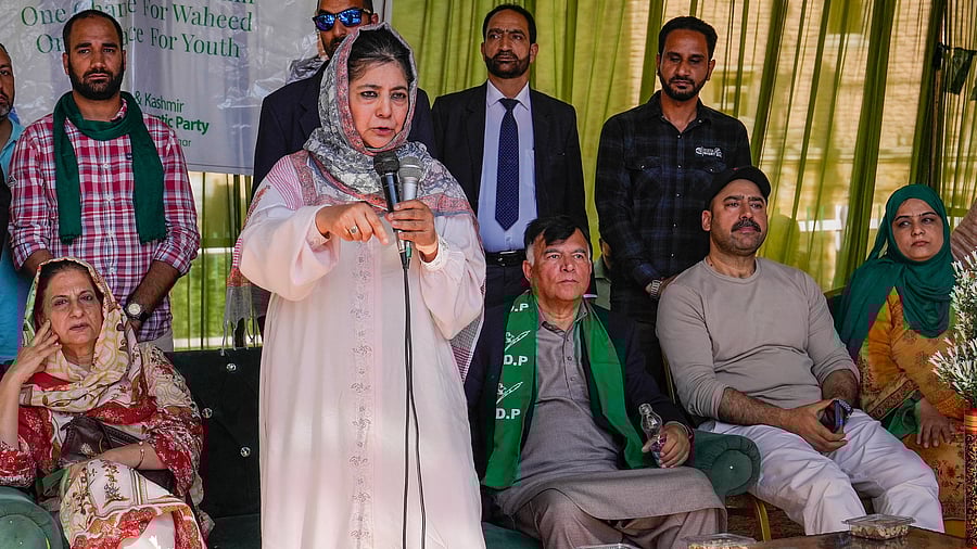 <div class="paragraphs"><p>PDP President and party candidate Mehbooba Mufti addresses an election rally for Lok Sabha elections, in Srinagar. </p></div>