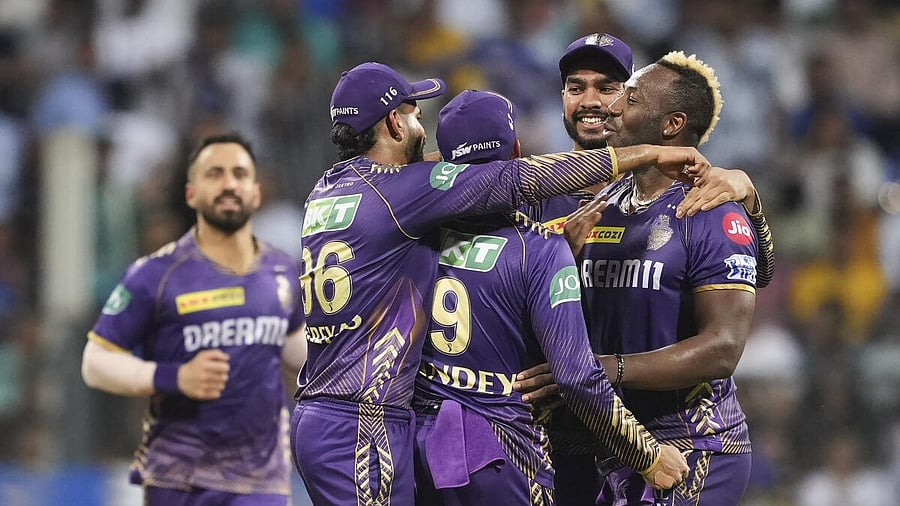 <div class="paragraphs"><p>Kolkata Knight Riders players celebrates the wicket of Mumbai Indians player Rohit Sharma during the IPL match between Kolkata Knight Riders and Mumbai Indians, at Wankhede Stadium in Mumbai. </p></div>