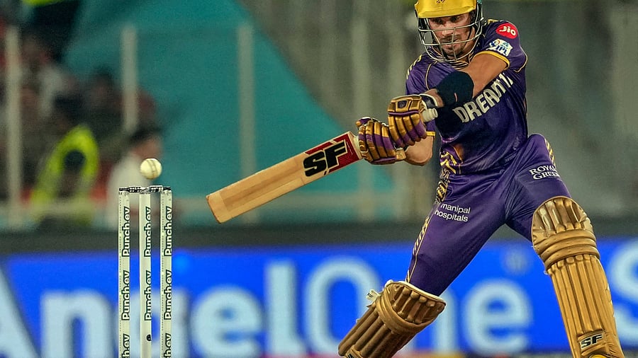 <div class="paragraphs"><p> Kolkata Knight Riders player Rahmanullah Gurbaz plays a shot during the qualifier match between Kolkata Knight Riders and Sunrisers Hyderabad at the Narendra Modi Stadium.</p></div>