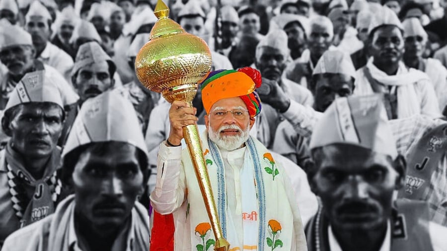 <div class="paragraphs"><p>Illustration showing PM Narendra Modi with a BJP rally in the background in black-and-white</p></div>
