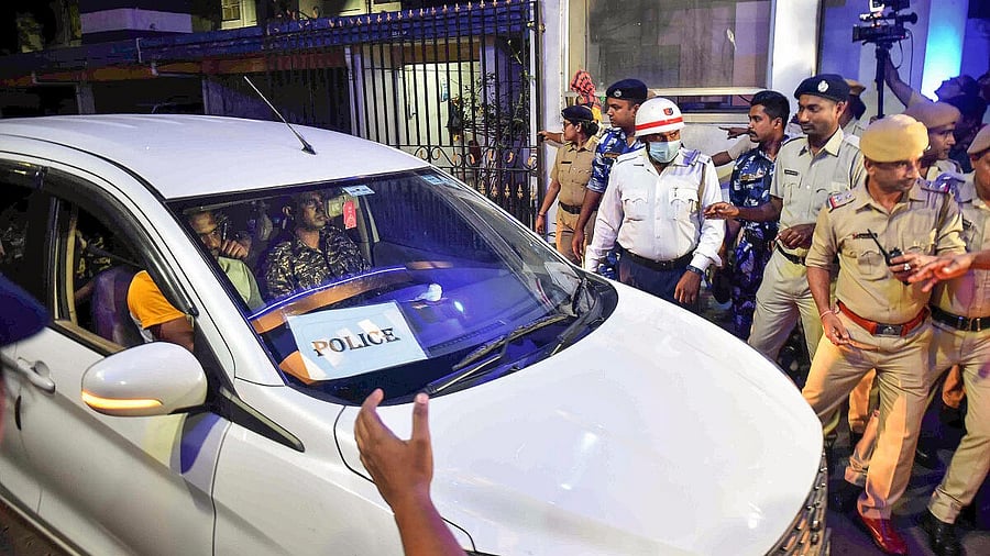 <div class="paragraphs"><p>File photo of CBI officials taking Sheikh Shahjahan, accused in the Sandeshkhali case, from Bengal Police headquarters in Kolkata. </p></div>