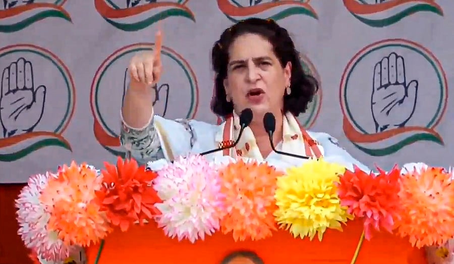 <div class="paragraphs"><p>Congress leader Priyanka Gandhi Vadra addresses a public meeting for Lok Sabha elections. </p></div>