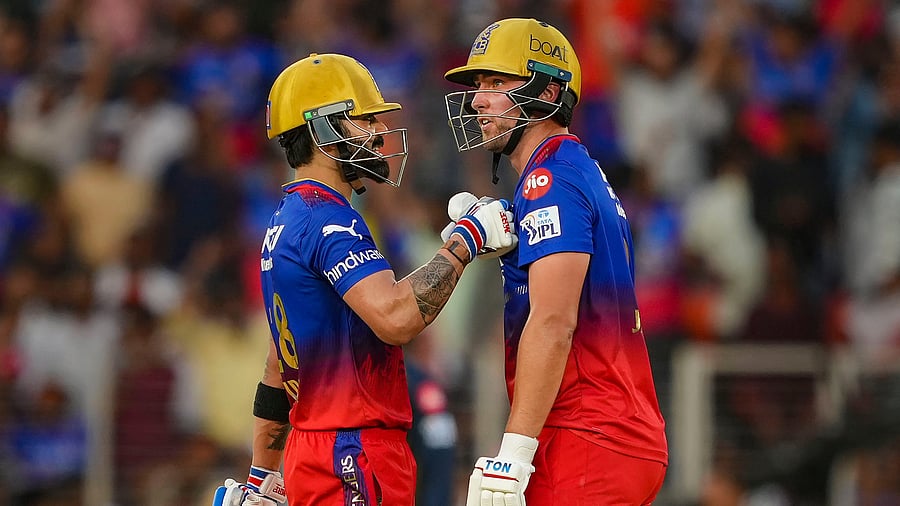 <div class="paragraphs"><p>Ahmedabad: Royal Challengers Bengaluru's Will Jacks celebrates his half century with Virat Kohli during an Indian Premier League (IPL) 2024 T20 cricket match between Gujarat Titans and Royal Challengers Bengaluru, at the Narendra Modi Stadium, in Ahmedabad, Sunday, April 28, 2024. </p></div>