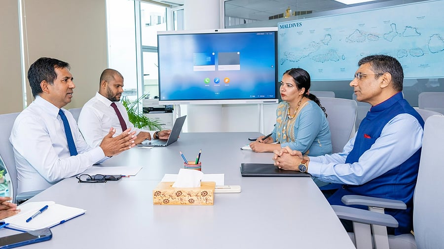 <div class="paragraphs"><p>Minister of Economic Development and Trade of Maldives Mohamed Saeed during a meeting with Indian High Commissioner to the nation H. E. Munu Mahawar.</p></div>