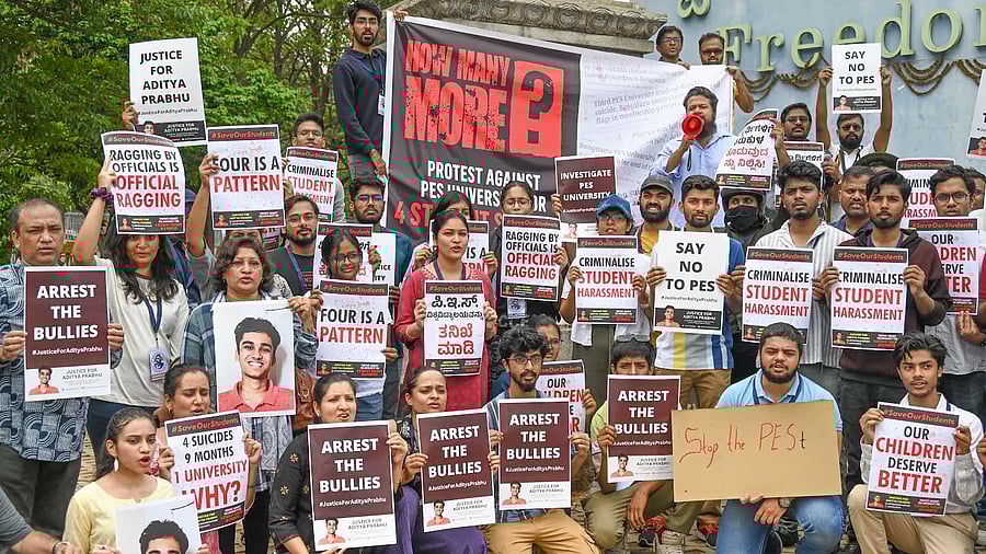 <div class="paragraphs"><p>Students and family members protest at Freedom Park in Bengaluru on May 18, 2024, over the suicide of four students in 10 months at PES University.</p></div>