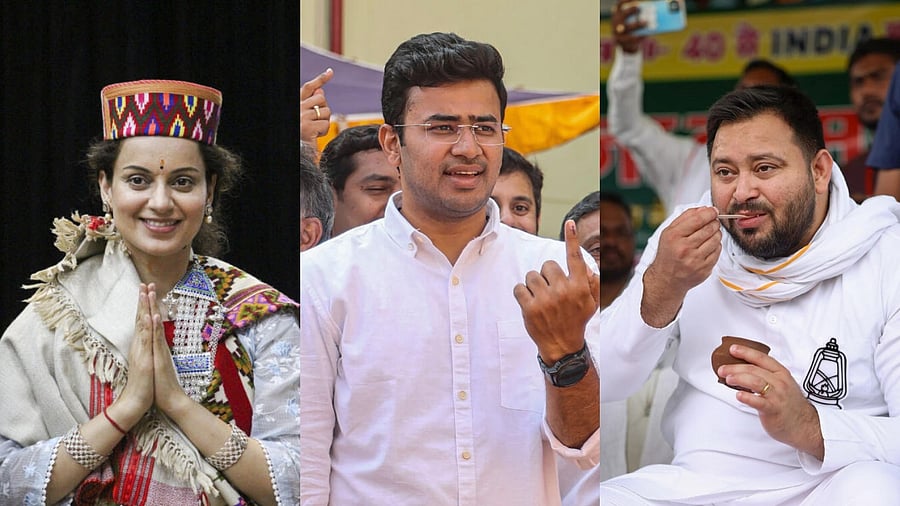 <div class="paragraphs"><p>BJP candidate Kangana Ranaut, BJP's Tejasvi Surya and RJD leader Tejashwi Yadav (L-R).</p></div>