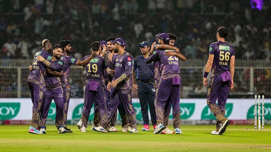 <div class="paragraphs"><p>Kolkata Knight Riders' players celebrate after winning against Mumbai Indians, at the Eden Gardens, in Kolkata, on Saturday.</p></div>
