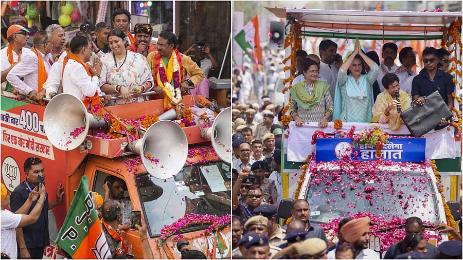 <div class="paragraphs"><p>Smriti Irani in East Delhi(L) and Priyanka Gandhi Vadra during a roadshow  in Sirsa, Haryana. </p></div>