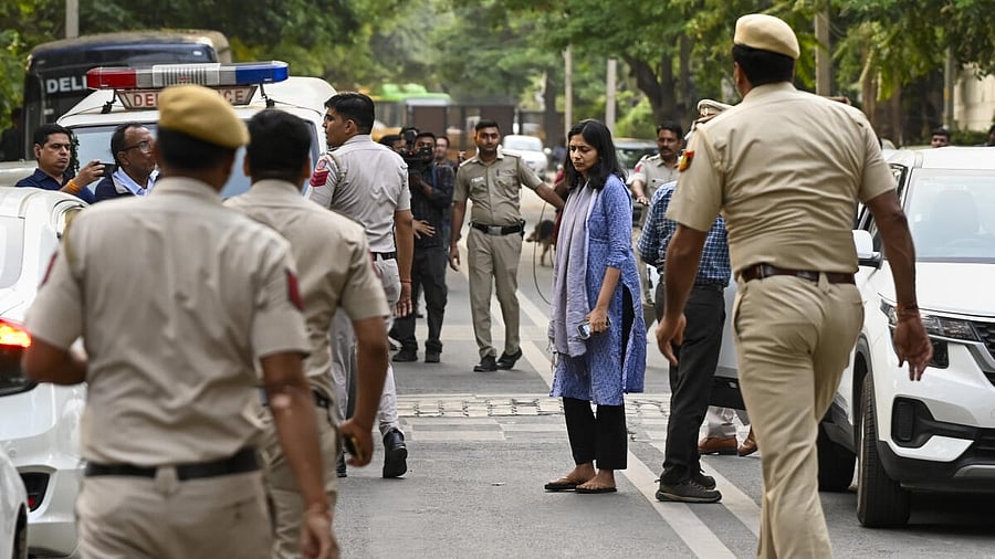 <div class="paragraphs"><p>AAP Rajya Sabha MP Swati Maliwal outside Delhi CM Arvind Kejriwal's residence.&nbsp;</p></div>