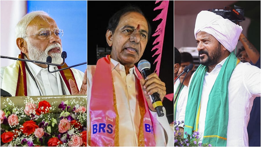 <div class="paragraphs"><p>PM Modi at a rally in Adilabad(L), KCR at a road show(C) and Telangana CM A Revanth Reddy.</p></div>