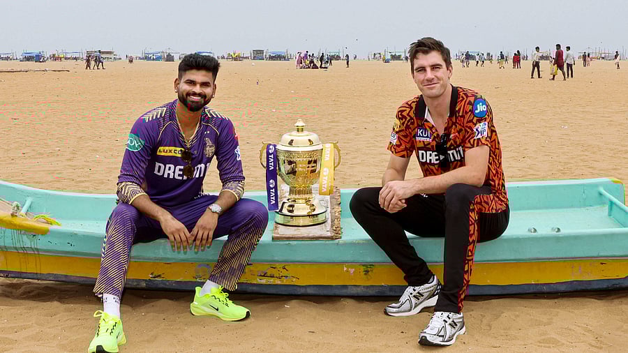 <div class="paragraphs"><p>Kolkata Knight Riders captain Shreyas Iyer and Sunrisers Hyderabad's Pat Cummins pose for photos with the Indian Premier League (IPL) trophy on the eve of the final match, in Chennai, on Saturday.</p></div>