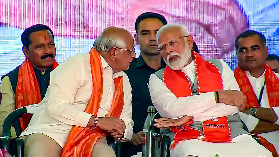 <div class="paragraphs"><p>Prime Minister Narendra Modi with Gujarat Chief Minister Bhupendra Patel during a public meeting, ahead of the third phase of Lok Sabha elections, in Surendranagar district, Thursday, May 2, 2024. </p></div>