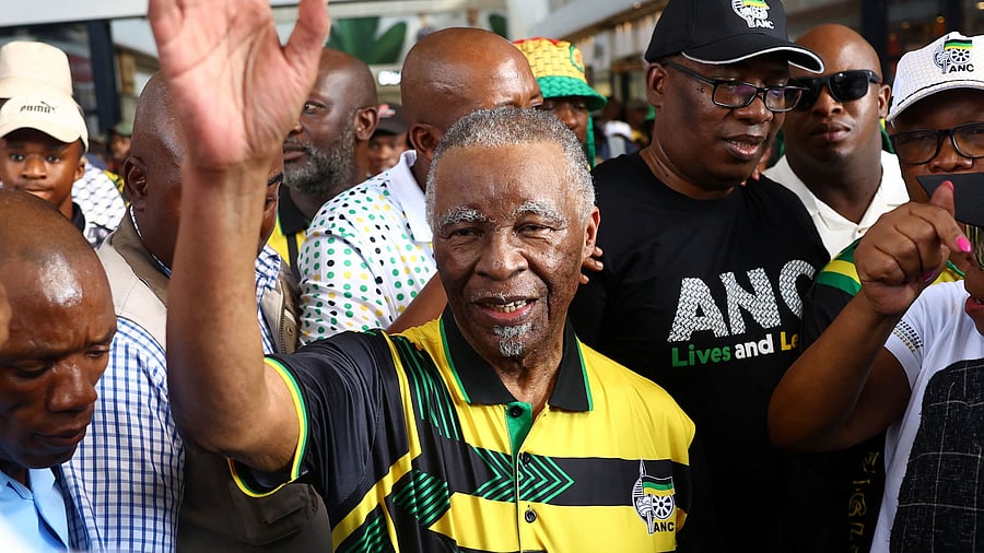 <div class="paragraphs"><p>Former African National Congress President Thabo Mbeki gestures during an election campaign in Soweto, South Africa on April 25, 2024. </p></div>