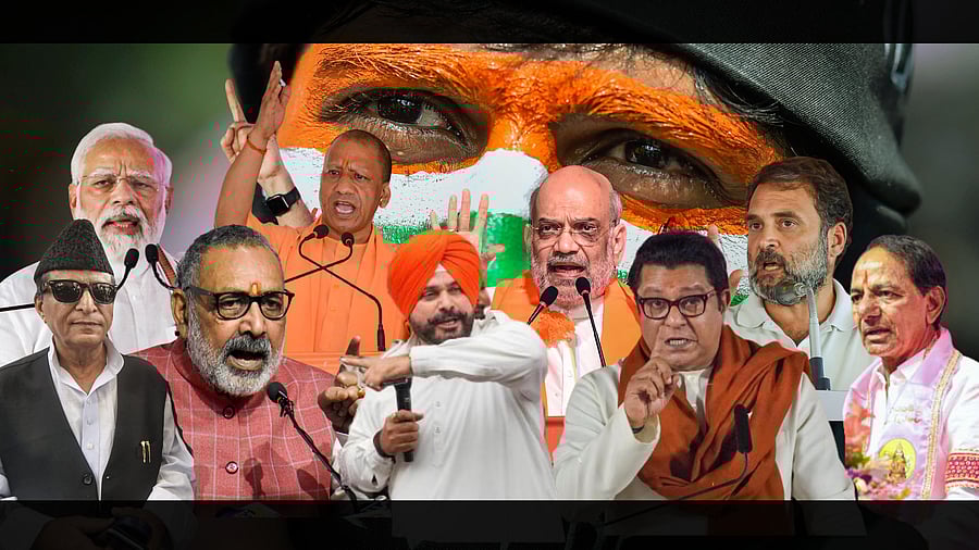 <div class="paragraphs"><p>Upper L to R: Narendra Modi, Yogi Adityanath, Amit Shah, Rahul Gandhi.</p><p>Lower L to R: Azam Khan, Giriraj Singh, Navjot Singh Sidhu, Raj Thackeray, K Chandrashekar Rao.</p></div>