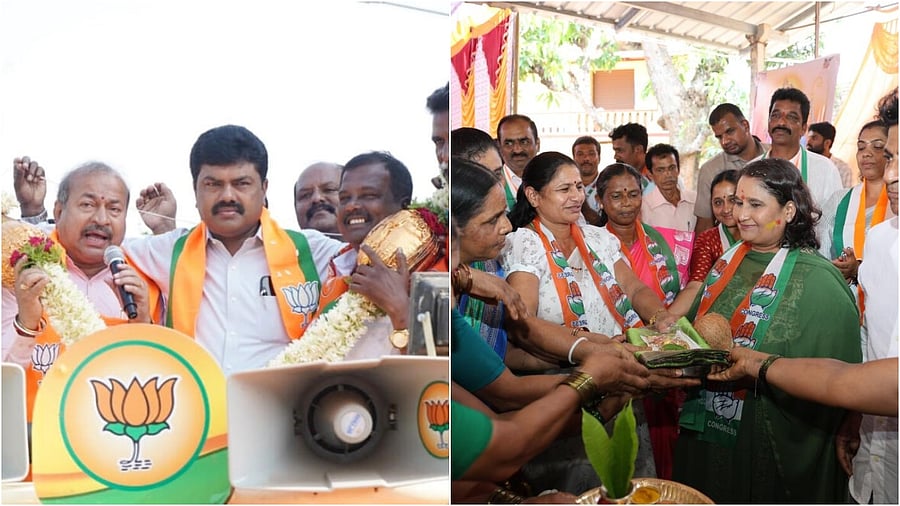 <div class="paragraphs"><p>B Y Raghavendra on election campaign(L) and Congress candidate Geetha Shivarajkumar</p></div>