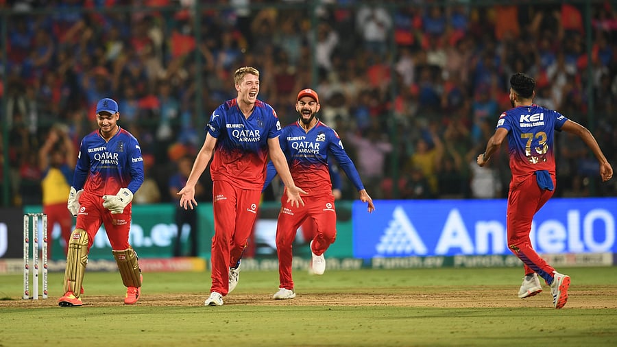 <div class="paragraphs"><p>Royal Challengers Bengaluru's Cameron Green celebrates with team mates after taking the wicket of Delhi Capitals' Tristan Stubbs during the Indian Premier League (IPL) 2024 cricket match between Royal Challengers Bengaluru and Delhi Capitals, at M Chinnaswamy stadium in Bengaluru on Sunday. </p></div>