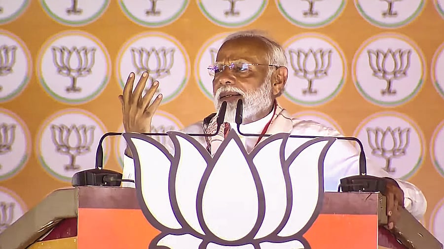 <div class="paragraphs"><p>Prime Minister Narendra Modi addresses a public meeting for Lok Sabha polls, in Ghazipur, UP, on Saturday.</p></div>