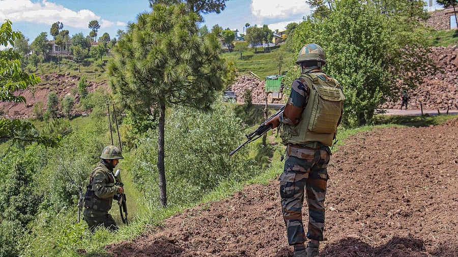 <div class="paragraphs"><p>Security personnel during a search operation following Saturday's terror attack on an Indian Air Force (IAF) convoy, in Pooch.&nbsp;</p></div>