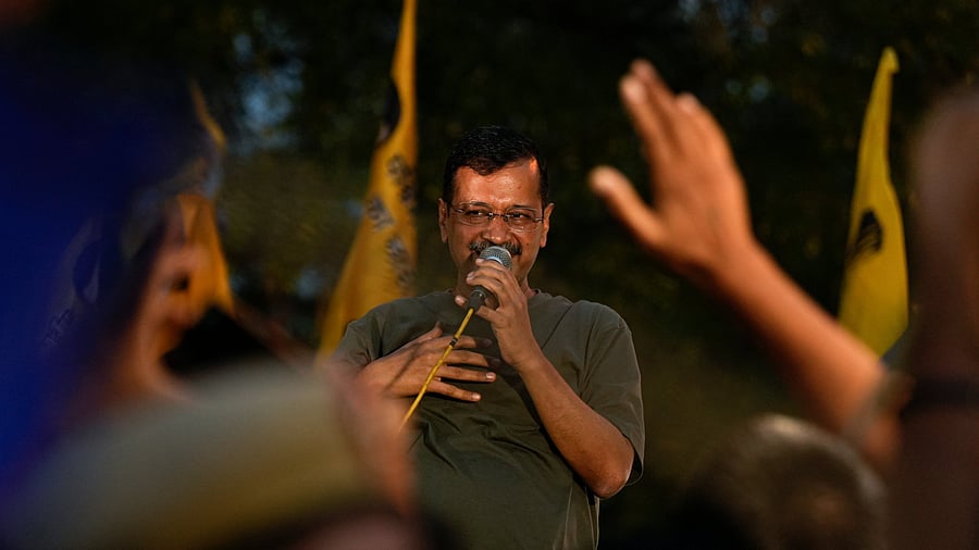 <div class="paragraphs"><p>Delhi Chief Minister Arvind Kejriwal addresses supporters outside Tihar Jail after the Supreme Court (SC) granted him interim bail in a money laundering case. </p></div>