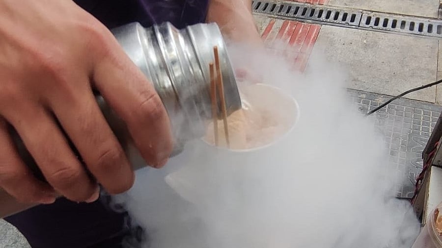 ‘Smoke ice’ cream wafers being sold on V V Puram’s food street.