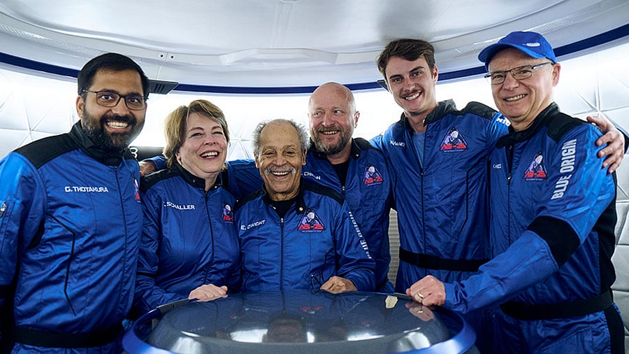 <div class="paragraphs"><p>Indian entrepreneur and pilot Gopi Thotakura with crew members of Blue Origin's private astronaut launch NS-25 mission, in Texas.  </p></div>
