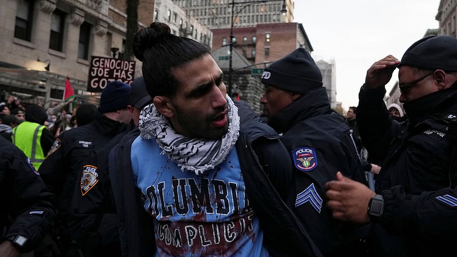 <div class="paragraphs"><p>File Photo: A demonstrator takes part in a protest in solidarity with Pro-Palestinian organizers and protesters allegedly attacked with chemicals during the January 19 demonstration on the Columbia University campus, amid the ongoing war between Israel and the Palestinian Islamist group Hamas, in New York City.</p></div>
