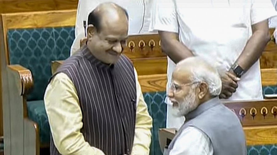 <div class="paragraphs"><p> Prime Minister Narendra Modi greets Om Birla after the latter was elected as the Speaker of the House during the first session of the 18th Lok Sabha, in New Delhi, Wednesday, June 26, 2024. </p></div>