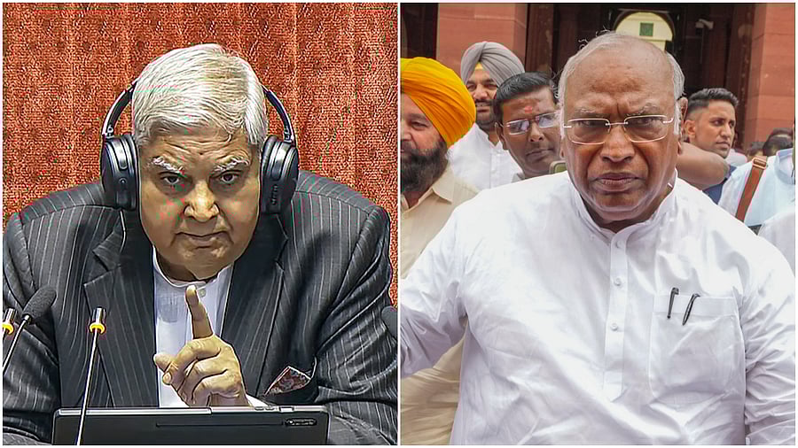<div class="paragraphs"><p>(L to R) Chairman Jagdeep Dhankhar; Congress MPs Mallikarjun Kharge</p></div>