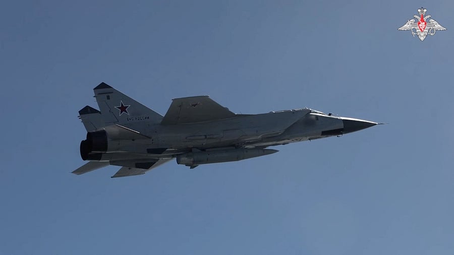 <div class="paragraphs"><p>A Russian MiG-31 fighter jet equipped with a Kinzhal hypersonic missile flies during the second stage of tactical nuclear drills of the armed forces of Russia and Belarus at an undisclosed location, in this still image from video released June 11, 2024. </p></div>