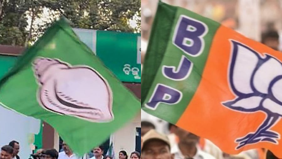 <div class="paragraphs"><p>Flags of BJD (L) and BJP (R)</p></div>