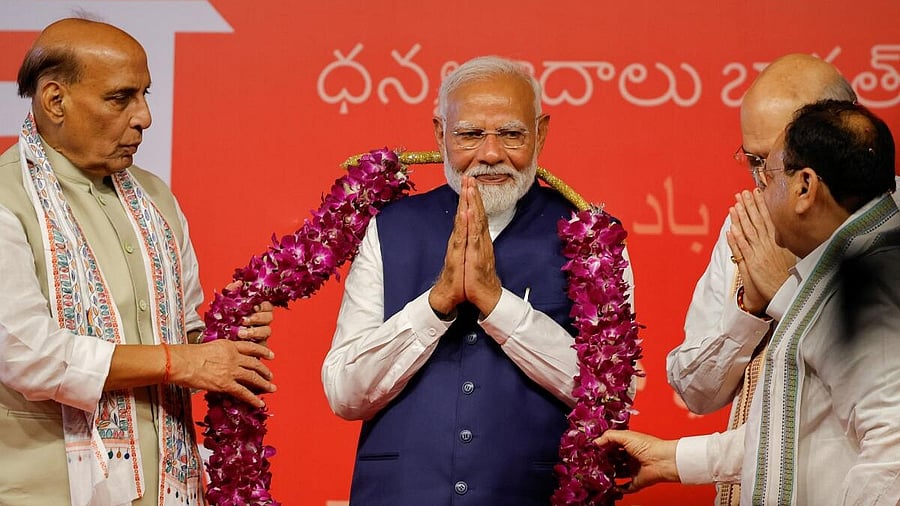 <div class="paragraphs"><p>Narendra Modi gestures, at the Bharatiya Janata Party (BJP) headquarters in New Delhi after the results of the Lok Sabha elections were announced. </p></div>