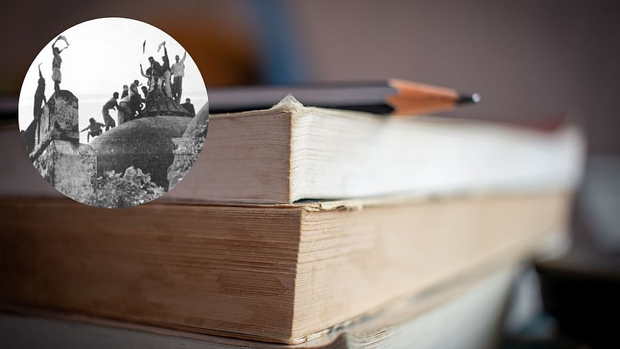 <div class="paragraphs"><p>In this collage textbooks can be seen in the backdrop, and on the top left is an image of the Babri masjid being demolished. </p></div>