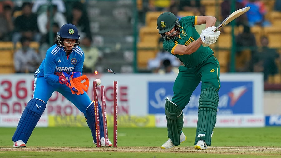 <div class="paragraphs"><p>Bengaluru: South African batter Tazmin Brits clean bowled by India's Arundhati Reddy during the second women's ODI cricket match between India and South Africa at M Chinnaswamy Stadium, in Bengaluru, Wednesday, June 19, 2024. </p></div>
