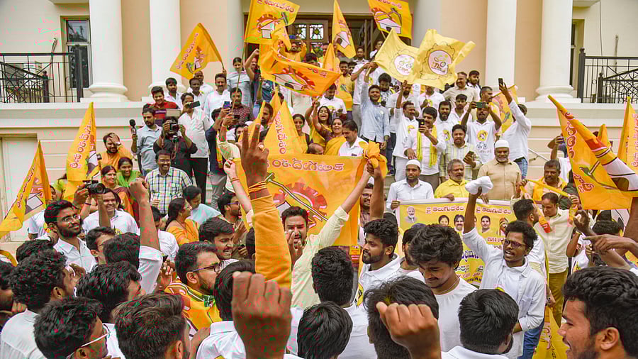 <div class="paragraphs"><p>TDP supporters celebrate the party's lead in the Andhra Pradesh Assembly polls and Lok Sabha polls, in Hyderabad.</p></div>