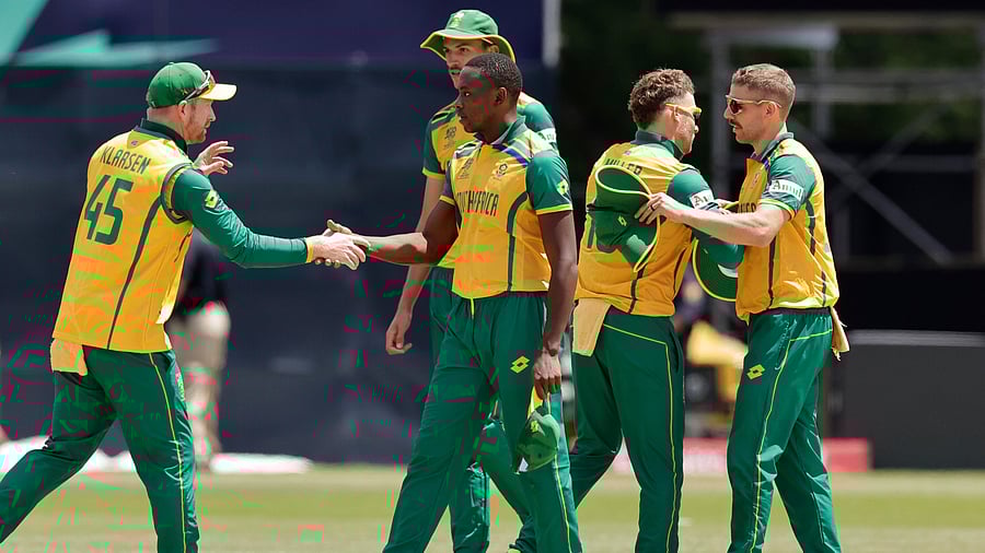<div class="paragraphs"><p>South Africa players greet each other after their win in the ICC Men's T20 World Cup cricket match between Bangladesh and South Africa at the Nassau County International Cricket Stadium in Westbury, New York</p></div>