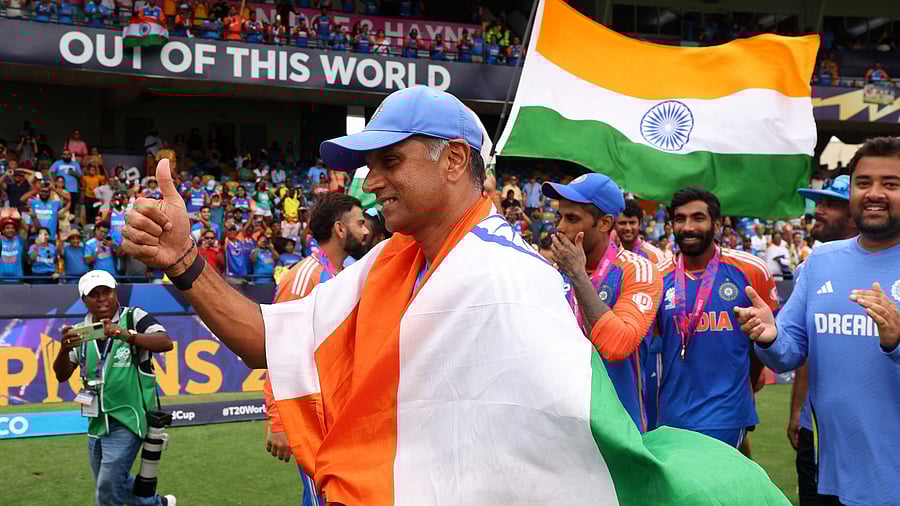 <div class="paragraphs"><p>India coach Rahul Dravid celebrates after winning the T20 World Cup at Kensington Oval in Bridgetown, Barbados on June 29.</p></div>
