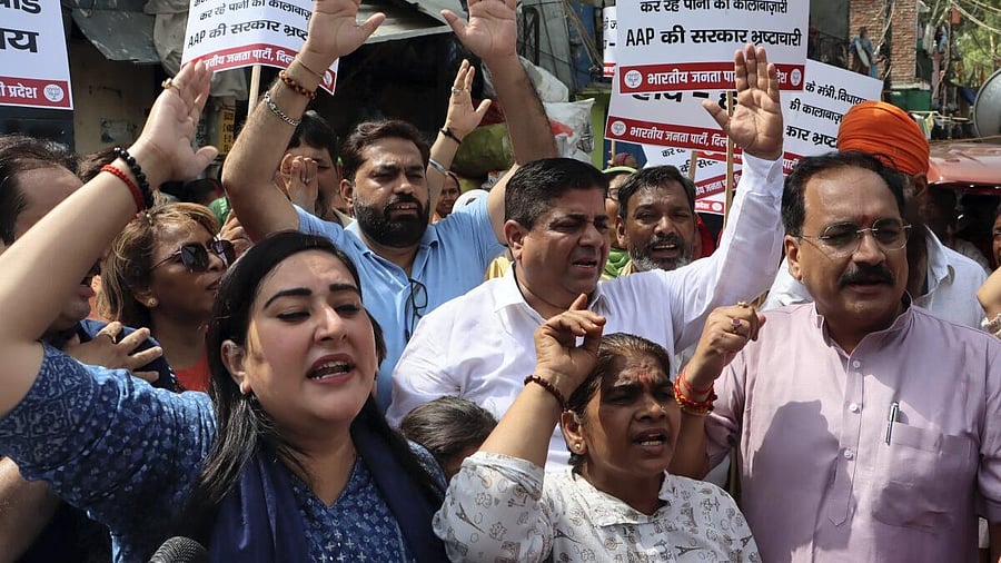 <div class="paragraphs"><p>BJP MP Bansuri Swaraj, Delhi BJP chief Virendra Sachdeva with other party leaders during a protest against the Delhi Government over the ongoing water crisis in the national capital.</p></div>