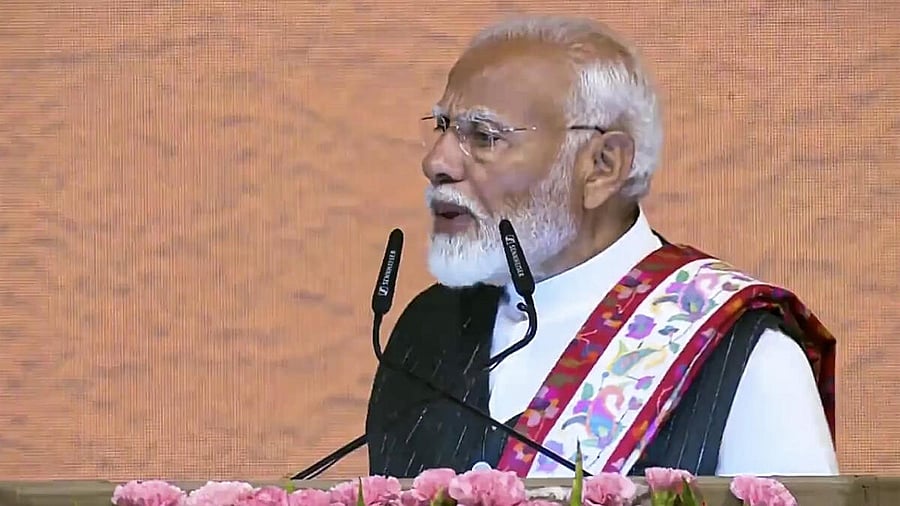 <div class="paragraphs"><p>Prime Minister Narendra Modi speaks during 'Empowering Youth, Transforming J&K' event, in Srinagar, Thursday, June 20, 2024.</p></div>