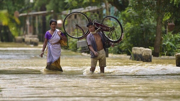 <div class="paragraphs"><p>A man carries his cycle while walking through a flooded road following rains after the landfall of cyclone 'Remal', in Nagaon district of Assam.</p></div>