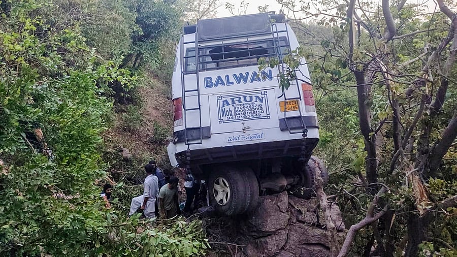 <div class="paragraphs"><p>Reasi: The damaged bus after it plunged into a gorge following an alleged attack by suspected terrorists, in Reasi district of Jammu and Kashmir, Sunday, June 9, 2024. </p></div>