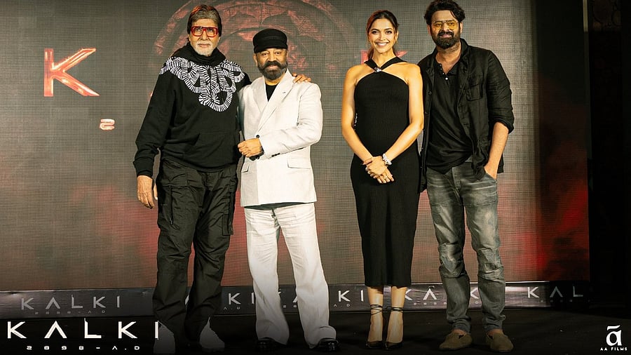 <div class="paragraphs"><p>Actors Amitabh Bachchan, Kamal Haasan, Prabhas and Deepika Padukone, during the promotion of their upcoming film 'Kalki 2898 AD', in Mumbai. </p></div>