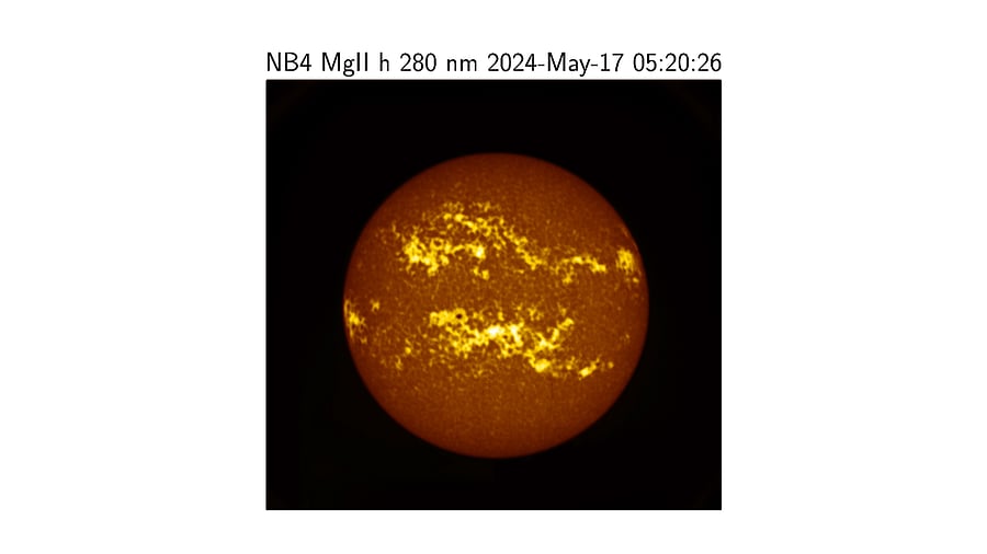 <div class="paragraphs"><p>A SUIT image identifies bright, active regions on the solar disk. Solar flares may originate in these regions due to changes in magnetic fields.</p></div>