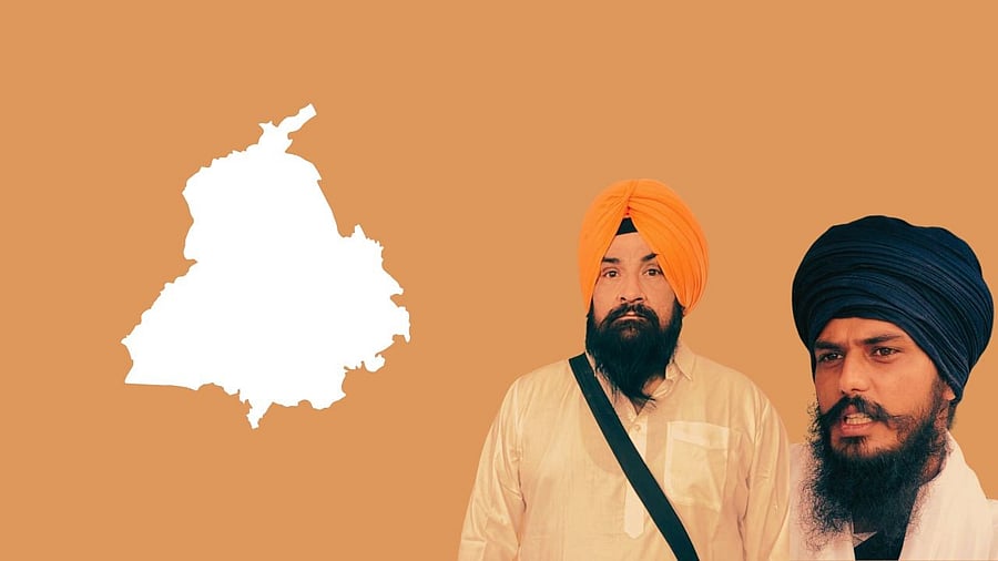 <div class="paragraphs"><p>Punjab map is seen on the left, with Sarabjeet Singh Khalsa and Amritpal Singh on the right in this illustration</p></div>