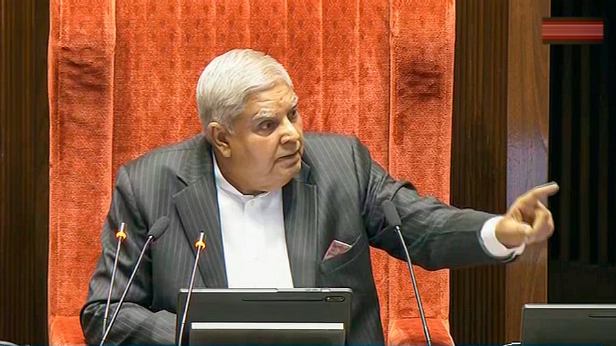 <div class="paragraphs"><p>Rajya Sabha Chairman Jagdeep Dhankhar conducts proceedings of the House during ongoing Parliament session, in New Delhi, Friday.</p></div>