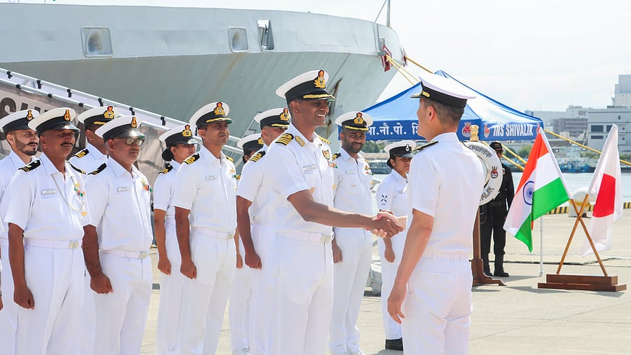 <div class="paragraphs"><p>Indian Navy personnel being received on their arrival with Stealth Frigate INS Shivalik at Yokosuka, Japan to participate in the eighth edition of the bilateral Japan  India Maritime Exercise 2024 (JIMEX 24), since its inception in 2012. </p></div>