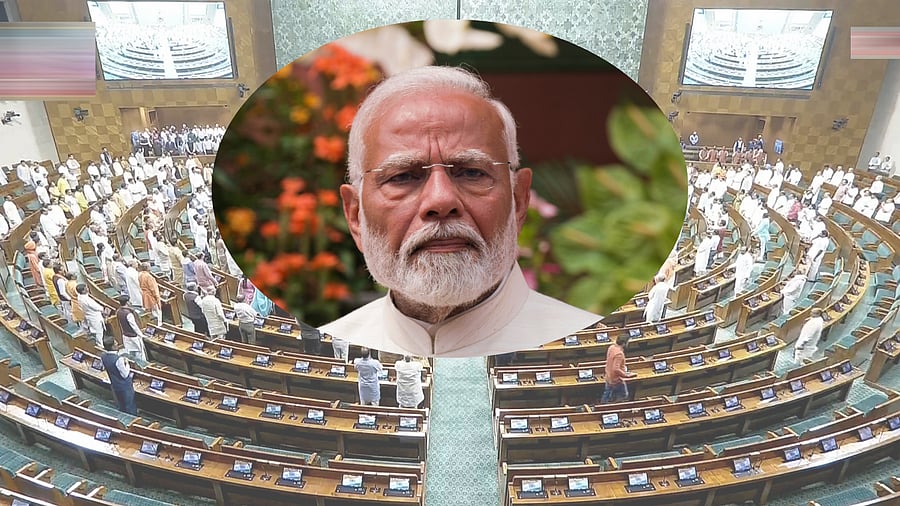 <div class="paragraphs"><p>A collage showing Prime Minister Narendra Modi and members of the 18th Lok Sabha (in the background).</p></div>