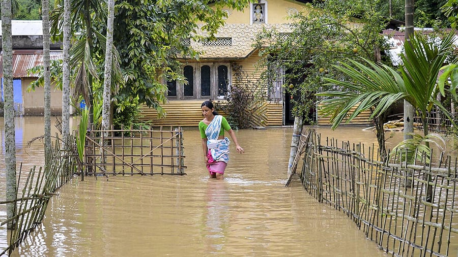 <div class="paragraphs"><p>A woman walks through a flooded area following rains at Kampur, in Nagaon district, Assam, on Thursday, June 20, 2024.</p></div>